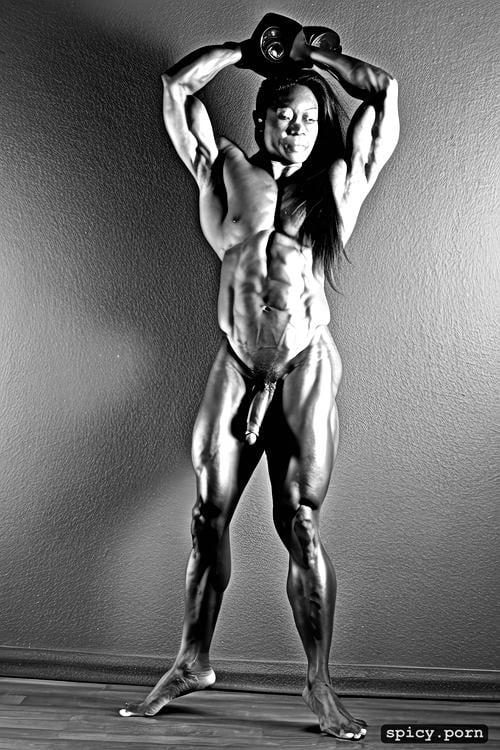 shaved, muscular legs, big breast, realistic face, nude, bodybuilder