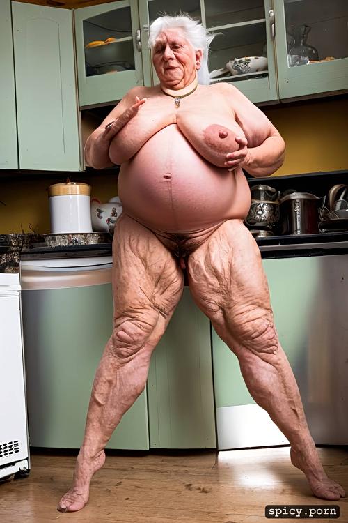 heavily obese, white hair, 80 year old german woman, standing in kitchen spreading legs