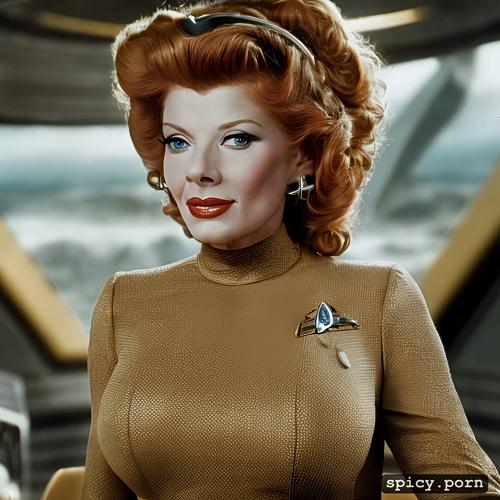 lucille ball on the bridge of the starship enterprise, wearing sci fi uniform