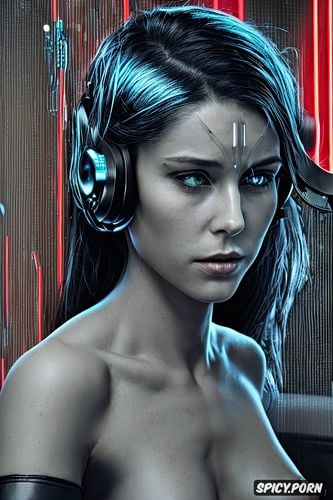 fully nude, wearing cyberpunk headphones1 8, blank grey background 1 7