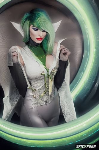 crossdresser, green hair, completely without breasts, large cheekbones