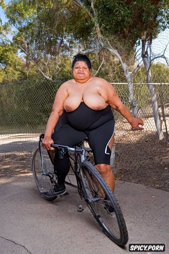 shaved, inflated belly, at urbain basketball terrain, an old fat mexican granny standing