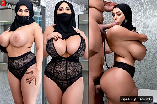 sucking 2 dicks, dick in her mouth, face ditailed 4k, wearing black hijab