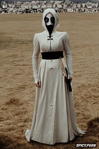 gothic, wearing a large gold crucifix, gasmaske modell, a huge chested french nun with a white hood wearing a large barrel wwii gas mask