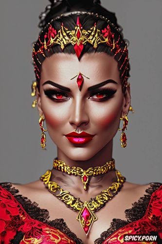 masterpiece, sombra overwatch beautiful face tight low cut red lace corset tight low cut crimson lace gown gold and ruby tiara gold and ruby earrings and necklace throne tattoos milf