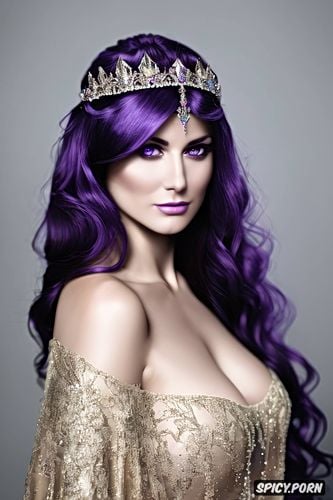 ultra realistic, masterpiece, high resolution, beautiful face young shy innocent flowing low cut purple silk gown tiara