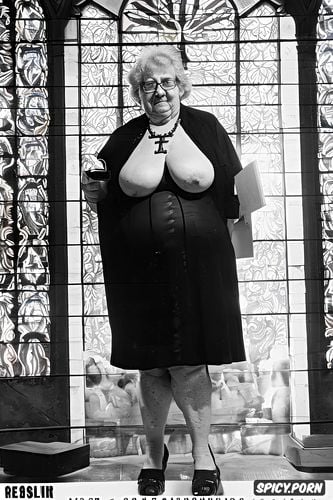 very old grandmother, full church, cross necklace, pissing, nun