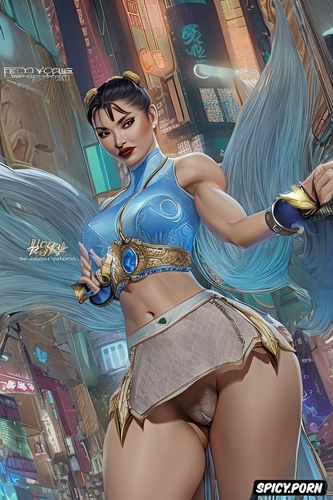 chun li streetfighter, hairy vagina, fat belly, showing upskirt