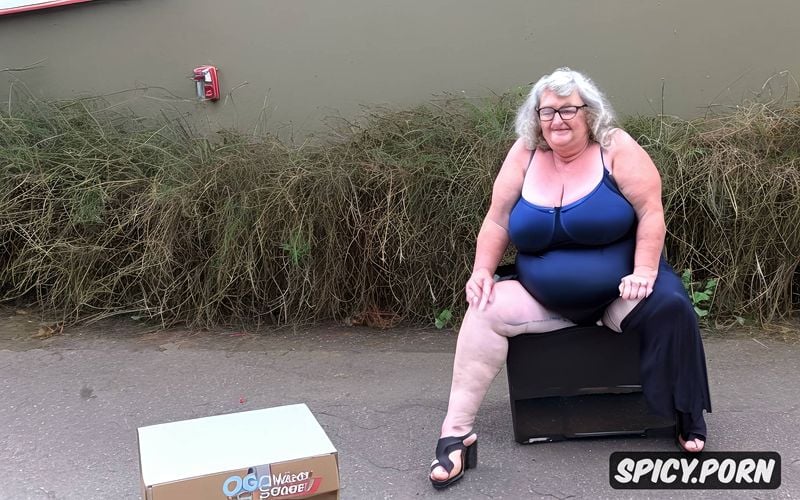 flat sandals, sitting on a cardboard box, blond white frizzy messy hair