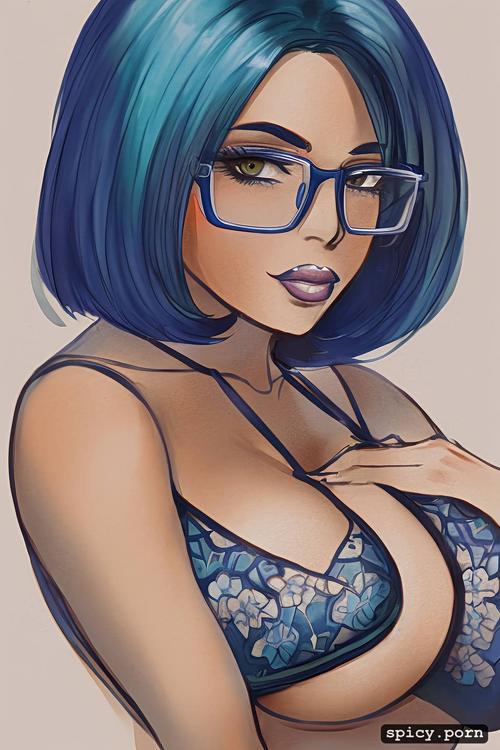 blue hair, glasses, silicon boobs, intricate, hourglass figure body