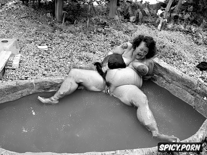 massive ass, naked obese bbw granny, massive belly, in cum mud pit