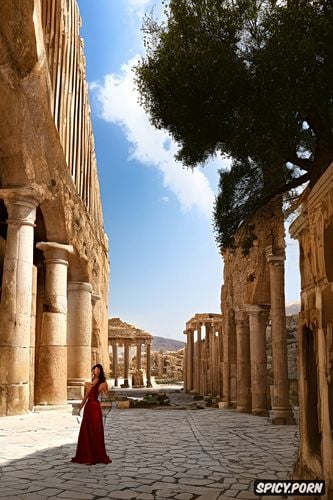 pale skin, big natural breasts, historical greek buildings in the background