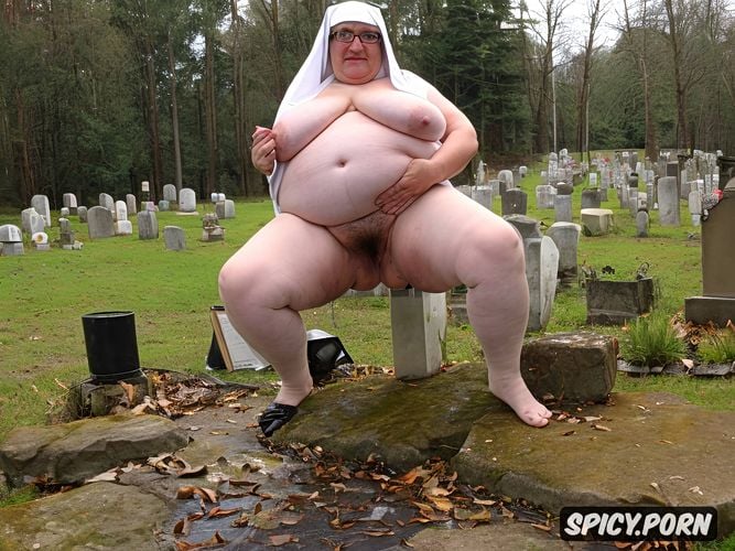 angry, point of view, very long saggy tits, big piss, grave with headstone in a cemetery