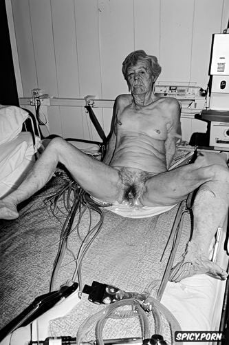 hospital bed in empty room, legs spread wide, copious amount of cum leaking from withered geriatric pussy