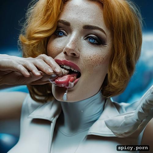 highres, giving a blowjob, fucking mouth, red hair, large natural breasts