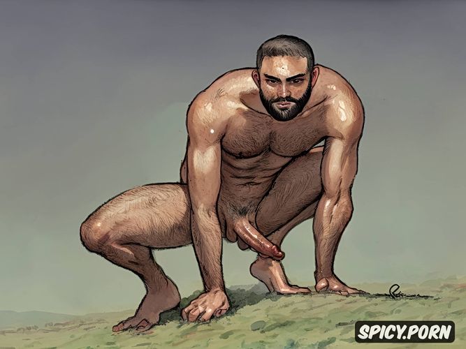 professional sketch of one alone bearded naked hairy man big shiny testicles big dangling penis thick natural eyebrows arabian arab male squatting mild fish eye perspective focus on genitals sweating perfect face highest quality hands barefoot masterful composition soft lighting