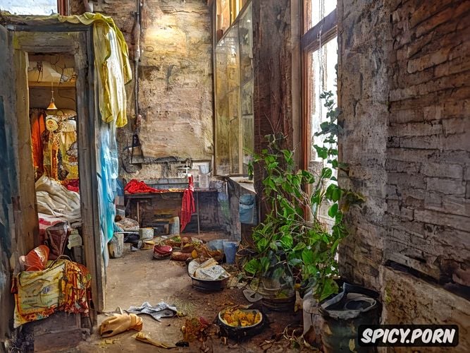 the atmosphere ominous and joyful vibrant colors, rusty iron basket with trash