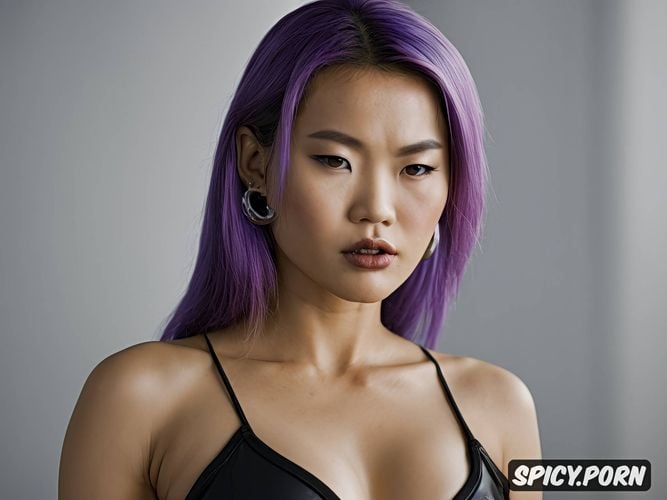 violet hair, intricate hair, angry face asian thai mongols beautiful woman big ideal tits tatoo all body piercings in both nipples 20 y o
