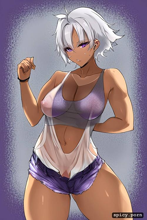 one pretty naked female, white hair, see through clothes, purple eyes