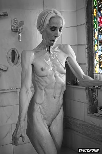 pierced nipples, ultra realisic, stained glass windows, extreme skinny