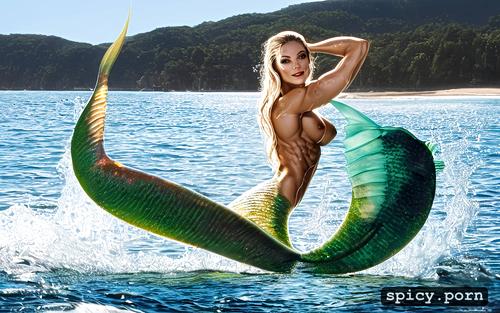 sunset, realistic painting, cory chase, roided muscles1 7, mermaid tail1 62