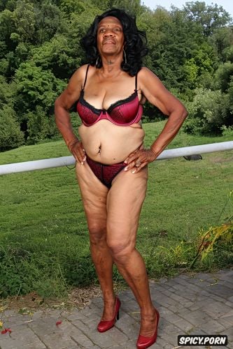 crackhead prostitute, ebony, wide hips, saggy belly, long silver hair