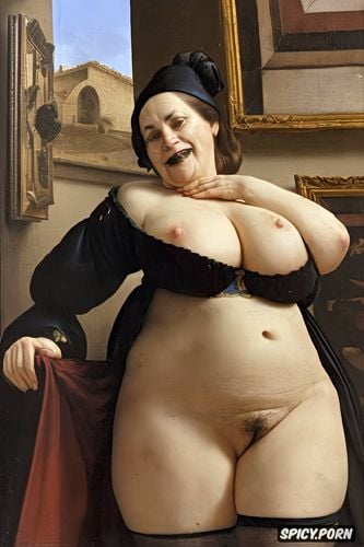 black lips, the very old fat grandmother has nude pussy under her skirt