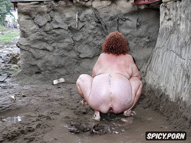 in filthy slum, naked obese bbw granny, massive belly, huge nipples