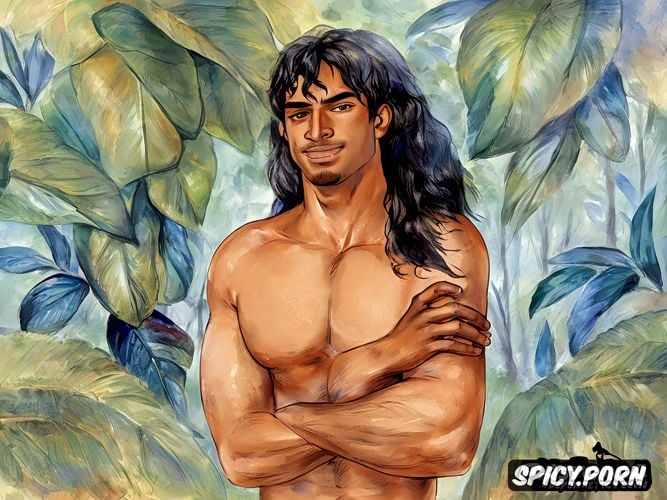 nude with xxl dick, very handsome black man in the jungle, painted in the style of pierre auguste renoir