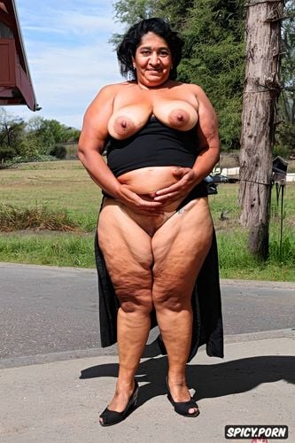 with belly wrinkles, bow shaped legs, the person is an old mexican granny