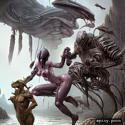 dripping wet xenomorph pussy, cum, naked women embedded in organical walls