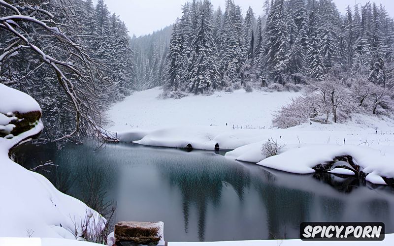 snowy landscape, sansa stark, realistic, masterpiece, beathes in hot spring