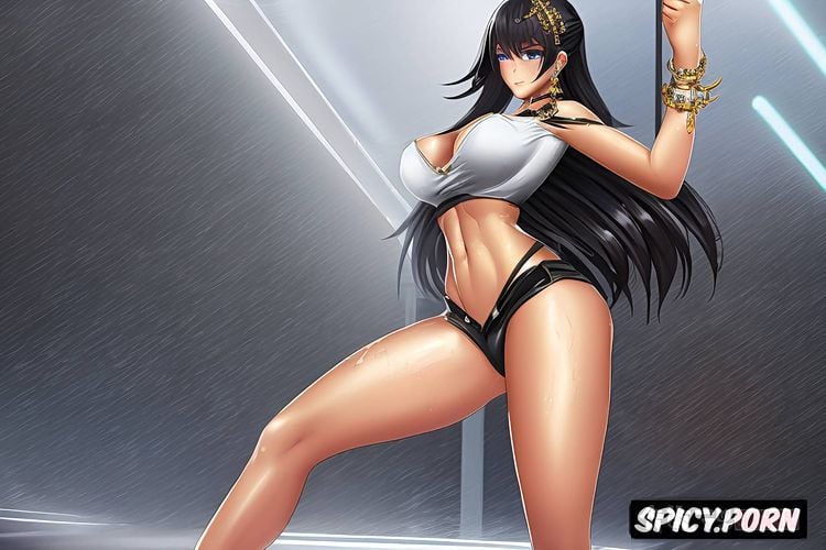 thighs spread, standing on an illuminated stage, athletic, abs
