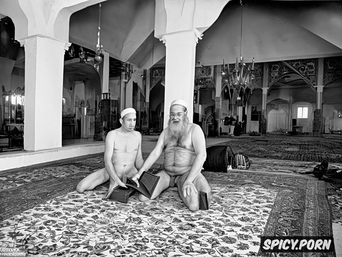 nude, carpets on floor, holding his penis, muslim, many people watching