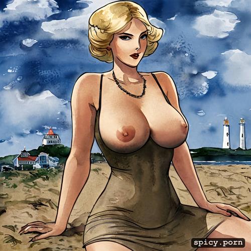 side shot, a gorgeous blonde female, erect nipples, a curvy woman