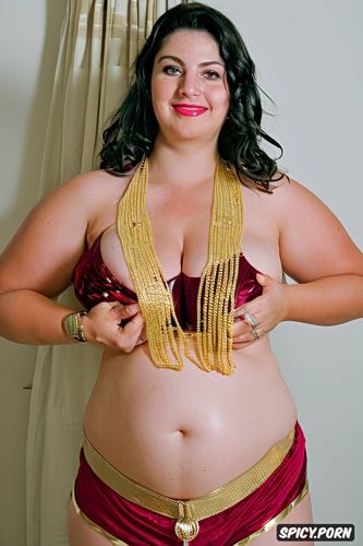 massive saggy melons, gold and silver and colorful jewelry, elegant bellydance costume with matching jeweled bikini top