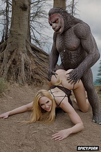 male sasquatch deep humping woman from behind, doggy fucking her deep