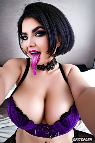 corset, taking a naughty selfie, short hair, mouth open, purple lipstick