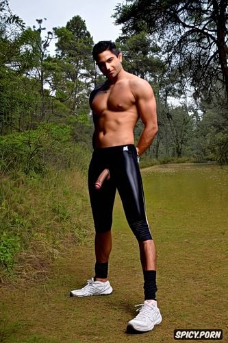 gay, sexy spandex tights, seductive look, legs spread, shirtless