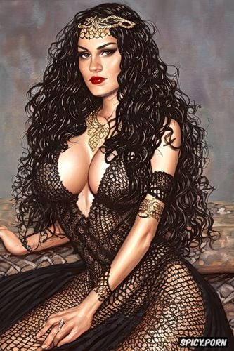 diadem, game of thrones, long soft dark black hair in curly ringlets