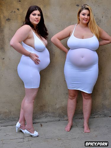 very huge fat bloated belly, white dress, very big ass 1 1, front view