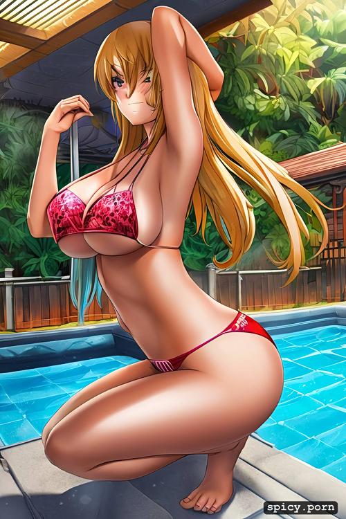 bikini, pool, blonde, long hair, squatting, ahegao, big boobs