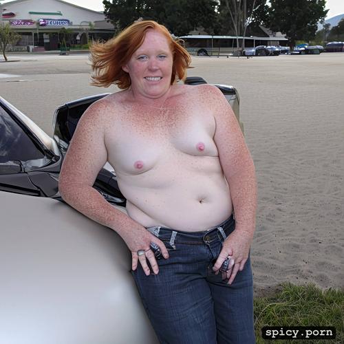 puffy nipples 1 5, ginger, bobcut hair, high detail face location parking lot