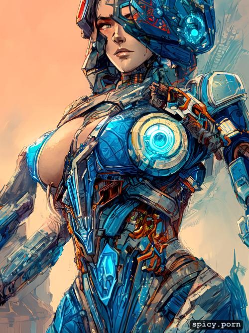 key visual, strong warrior robot, centered, woman, conrad roset
