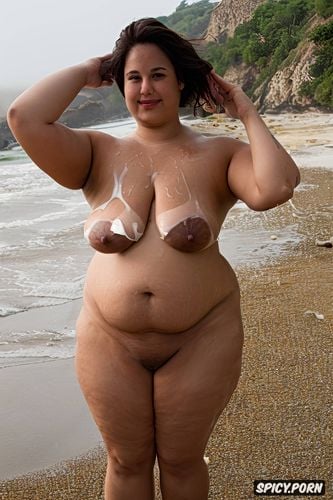 realistic tan lines, naked on beach, thin waist, huge floppy boobs1 2