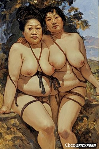 two elderly asian lesbians, small breasts, fat hips, no eyebrows