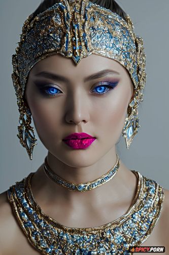 ice blue eyes, super closeup, face photo mongol woman, heavy makeup