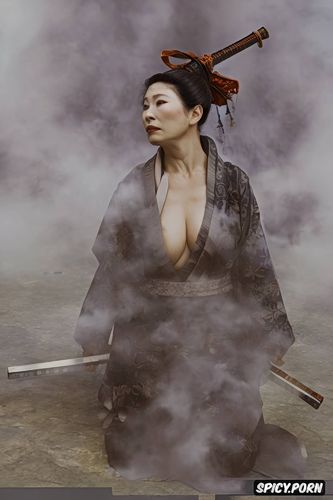 samurai sword, color photography, old japanese grandmother, small perky breasts