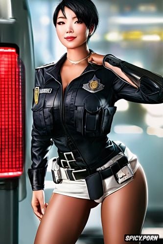 full body, unbuttoned cop clothes beautiful face, police woman
