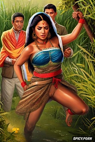 hyper realism, a subjugated sentenced powerless natural extra small petite gujarati bhabhi farmworker is tamed and forced to open her vagina to a group of panchayat men seizing her in the fields